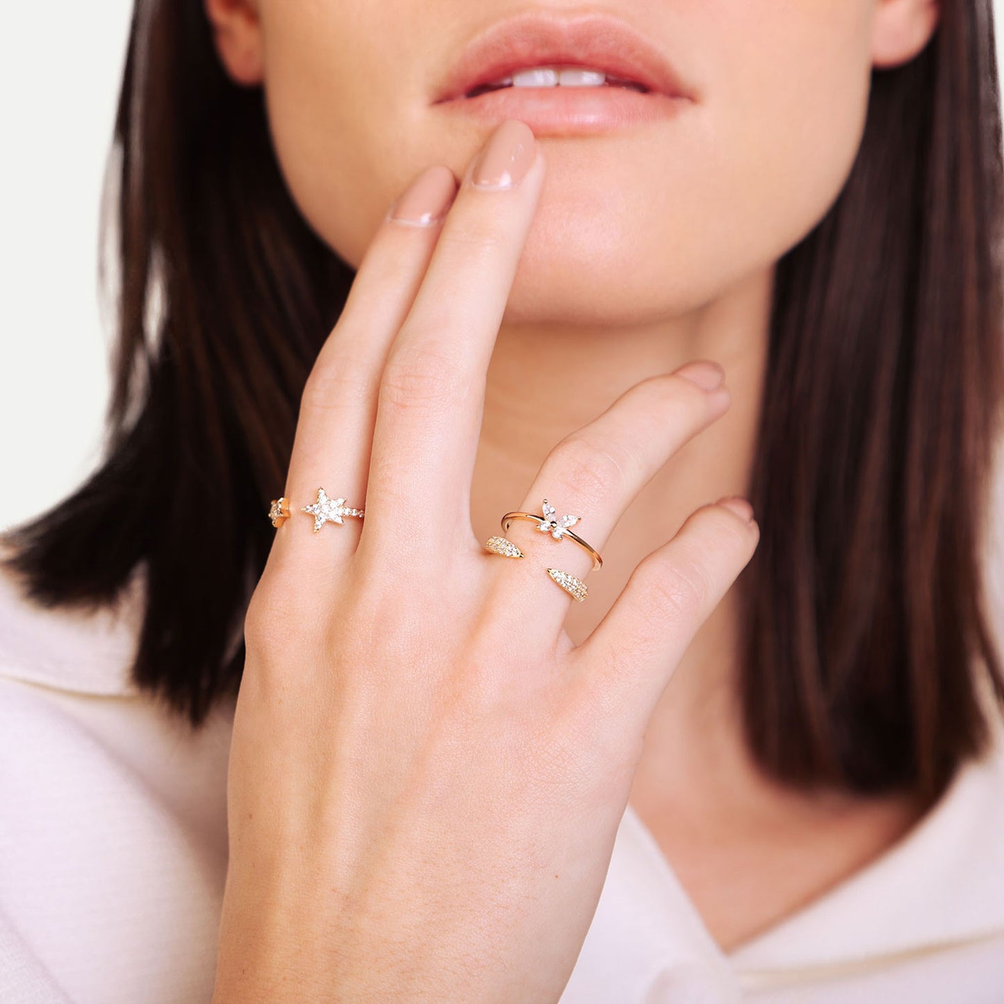 Female Model Wearing Stacked Gold Butterfly Ring Alice - Playa Luna Jewelry
