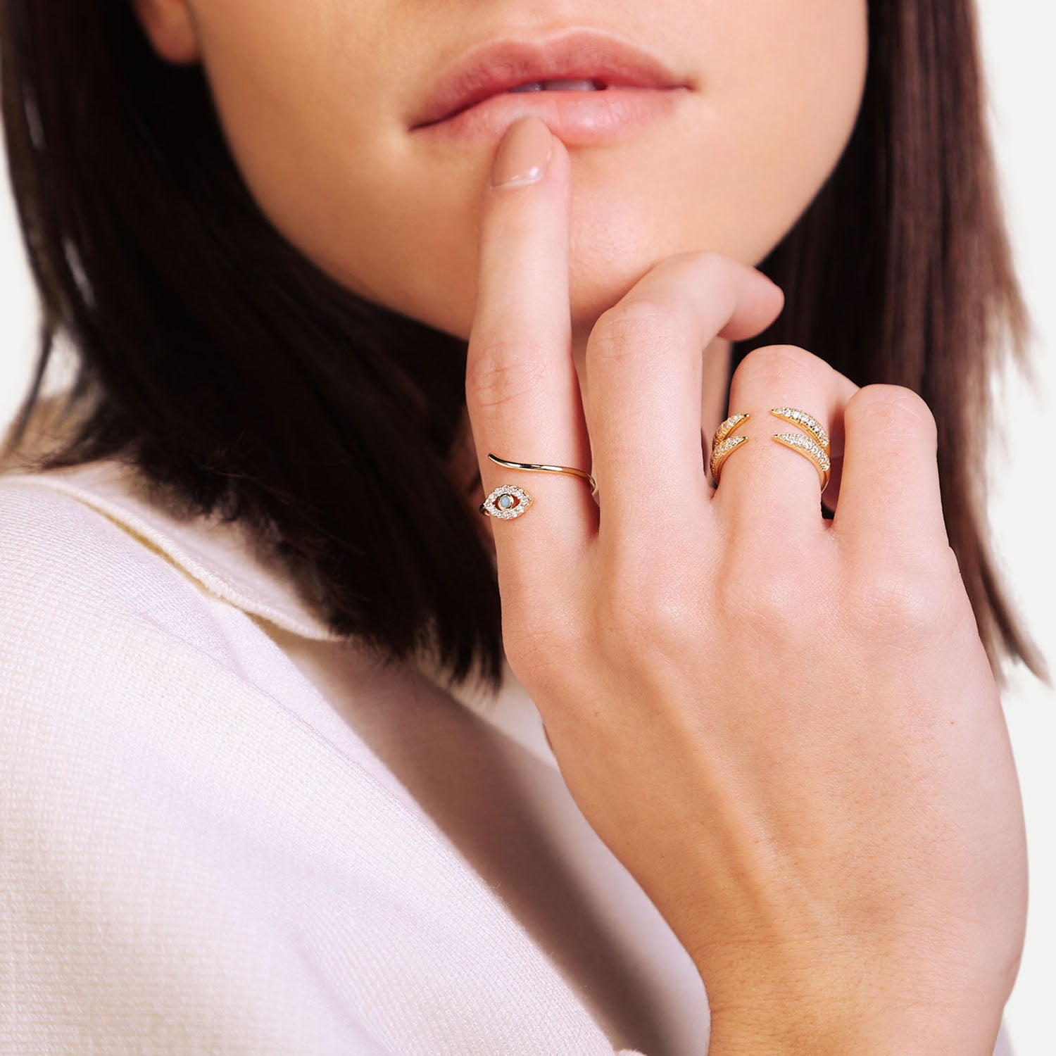 Female Model Wearing Stacked Gold Dainty Evil Eye Ring Maya - Playa Luna Jewelry