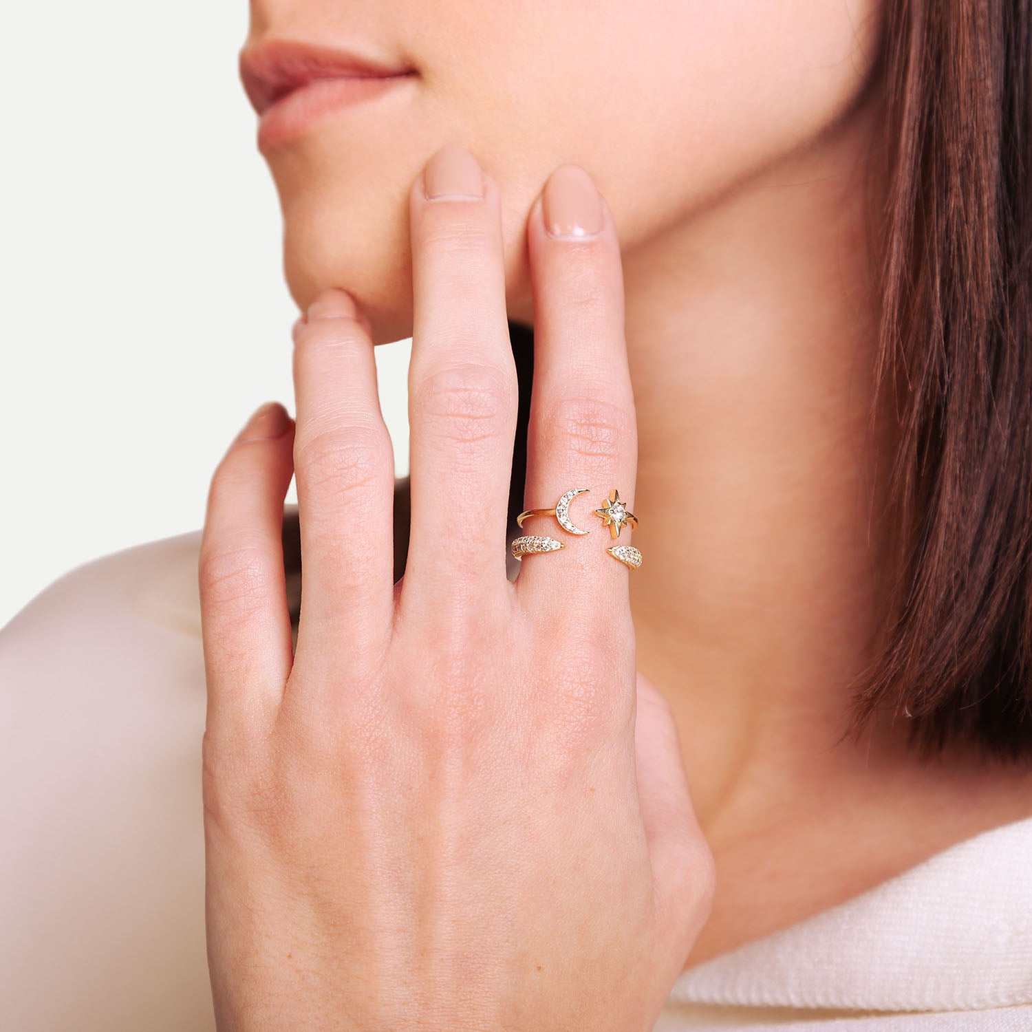 Female Model Wearing Stacked Gold Moon and Star Ring Ariel - Playa Luna Jewelry