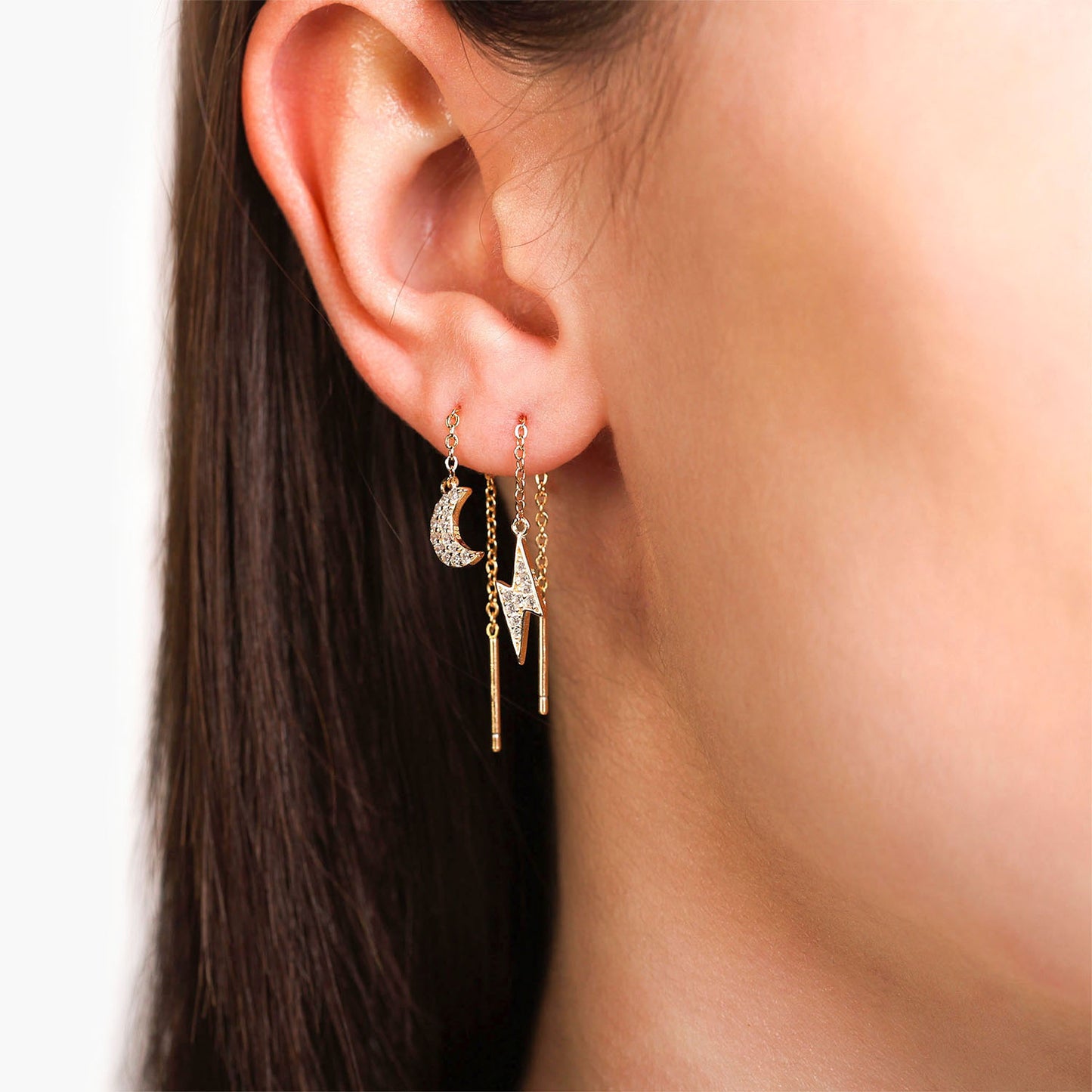 Female Model Wearing Gold Moon and Lighting Bolt Threader Earrings Sasha - Playa Luna Jewelry