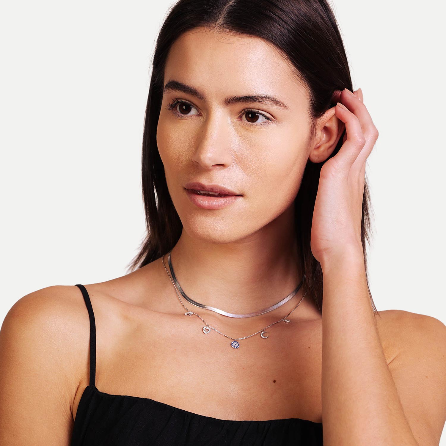 Female Model Wearing Layered Sterling Silver Herringbone Chain Hannah - Playa Luna Jewelry