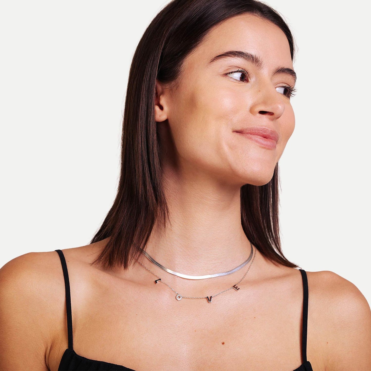 Female Model Wearing Layered Sterling Silver Love Necklace Lily - Playa Luna Jewelry