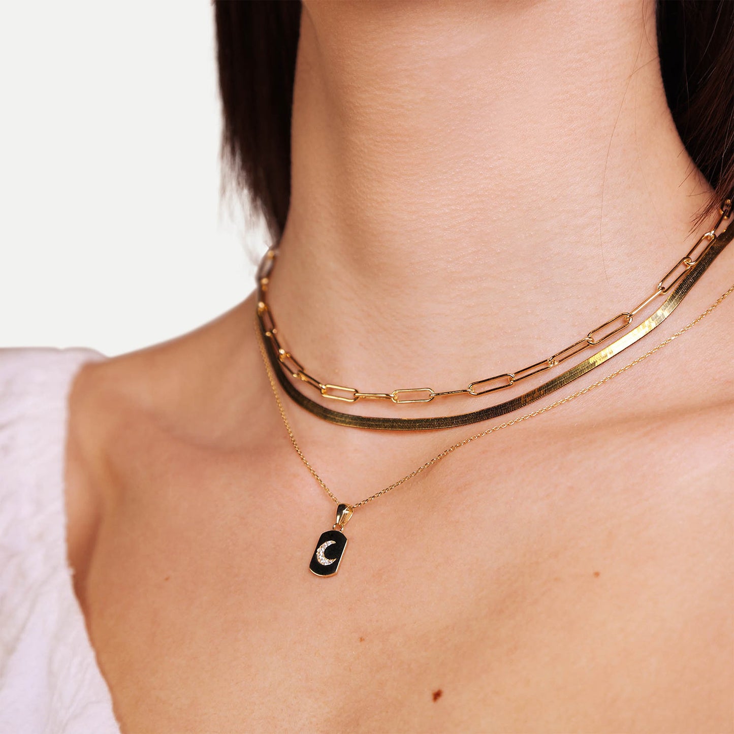 Female Model Wearing Layered Gold Moon Tag Necklace Selena - Playa Luna Jewelry