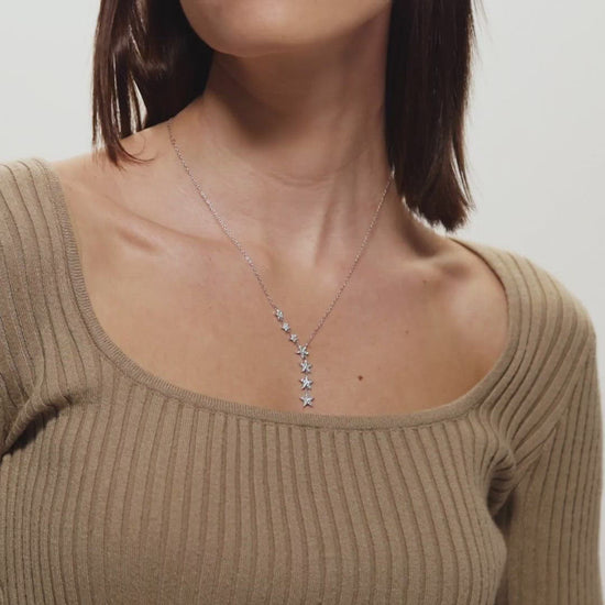 Female Model Showing Sterling Silver Star Drop Necklace Ella Silver - Playa Luna Jewelry